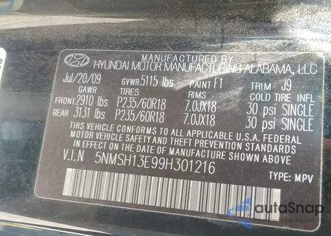 2009 Hyundai Santa Fe Se z USA, uszkodzony, nr VIN 5NMSH13E99H301216